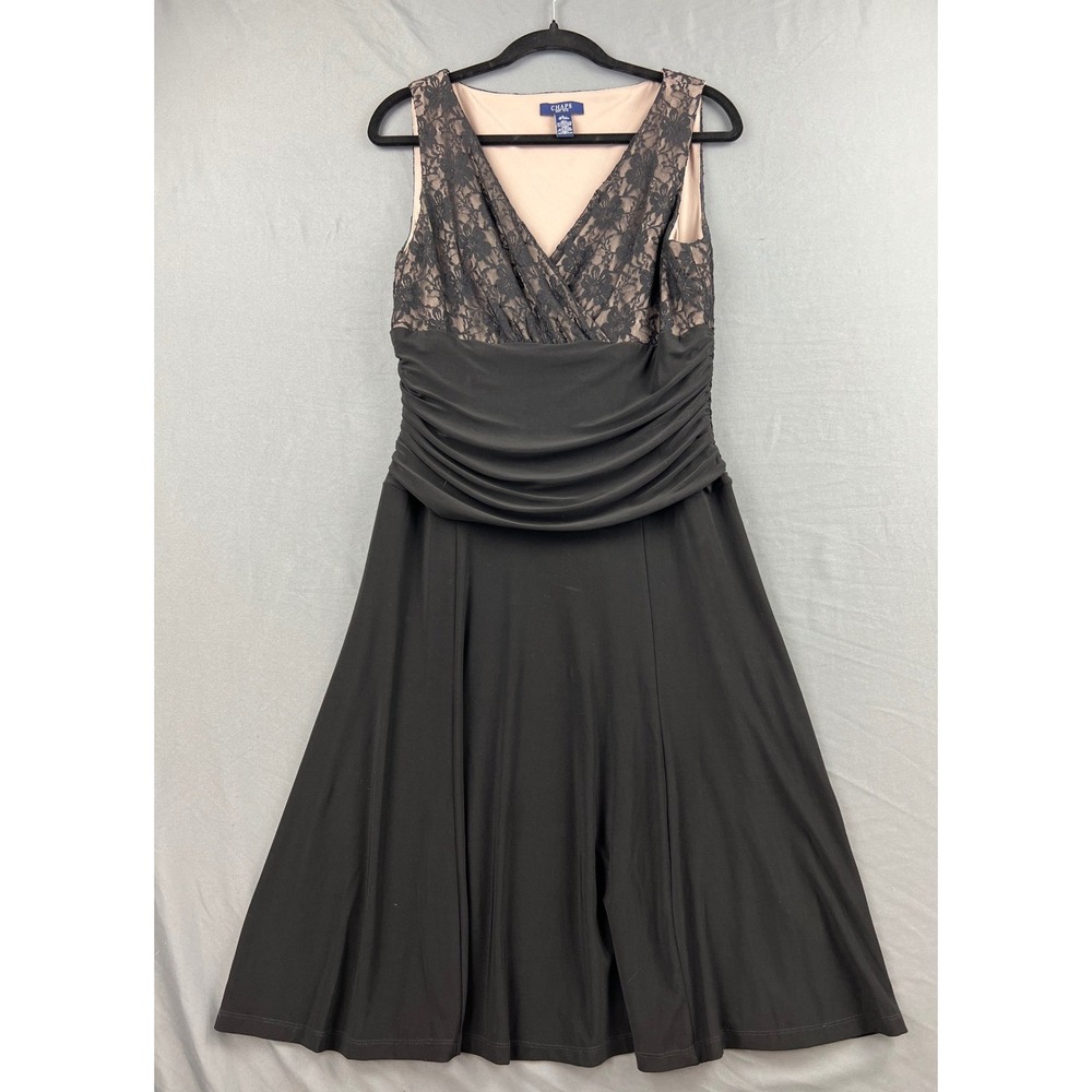 Chaps Dress Womens Large Sleeveless Lace Bodice Ruched Waist Black Tan Good